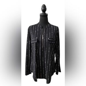 Bulotus: Black and White Quarter Zip Blouse with Roll Tab Sleeves